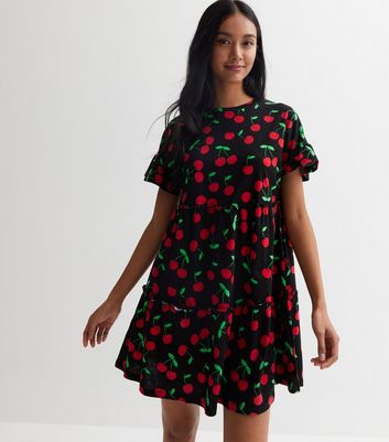 Black Cherry Jersey Frill Sleeve Mini Smock Dress