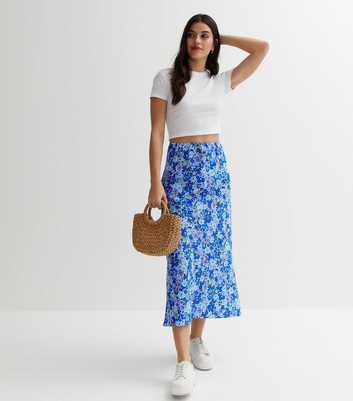 Influence Blue Floral Bias Cut Midi Skirt