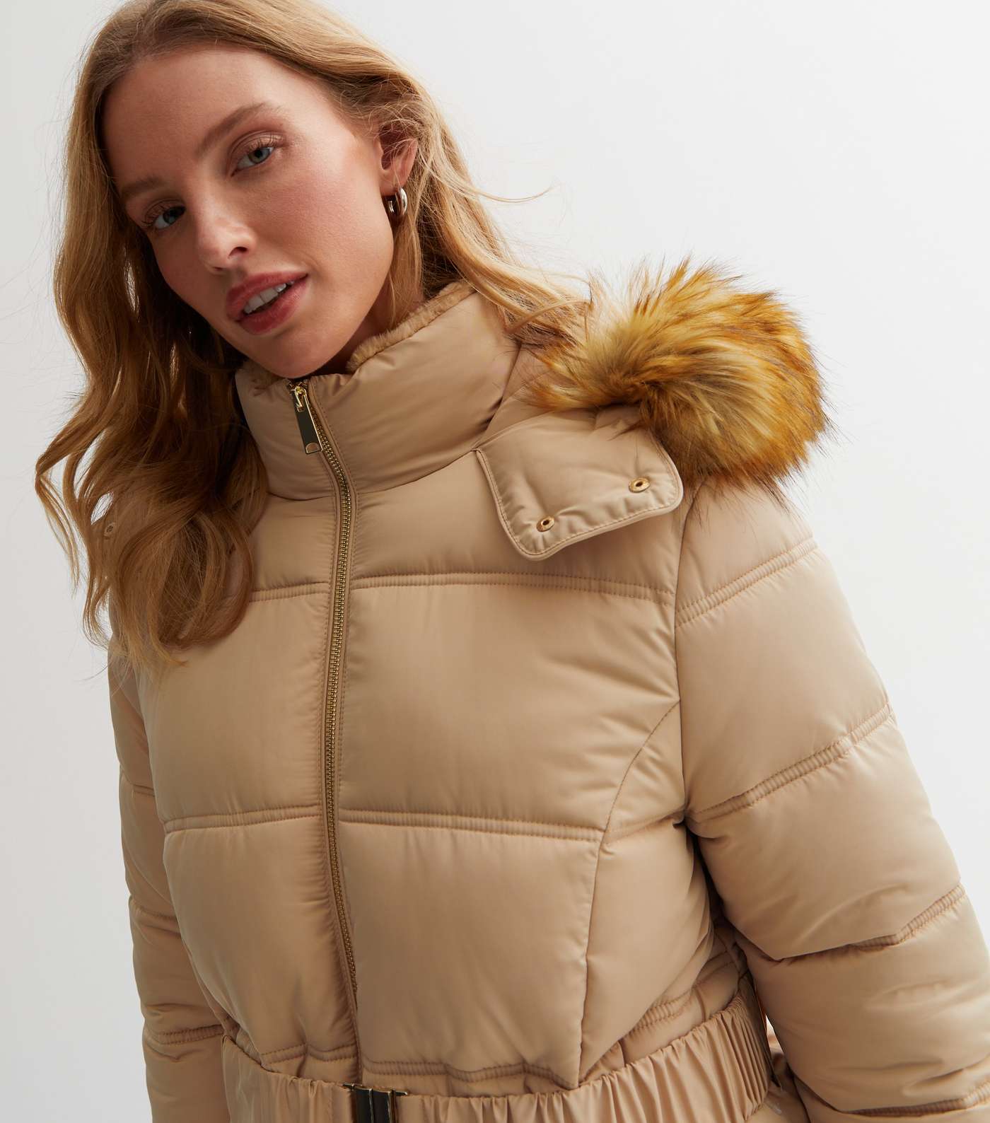Maternity Camel Faux Fur Hood Belted Puffer Coat Image 3