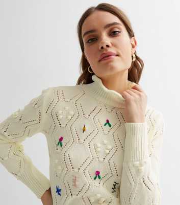 Off White Embroidered Knit Frill Neck Long Sleeve Jumper
