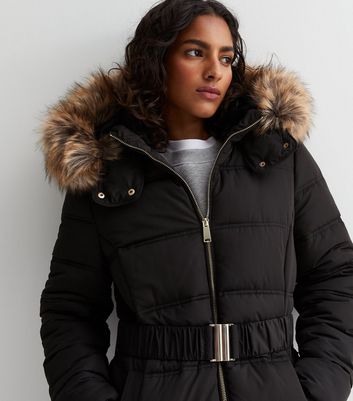 Black belted puffer outlet jacket