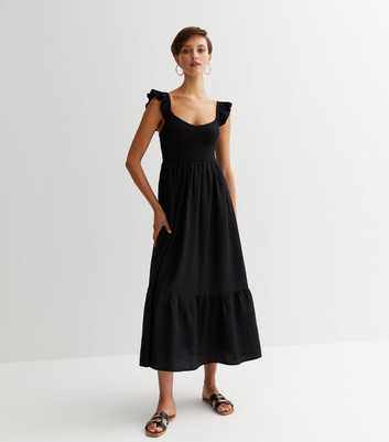 Black Shirred Frill Midi Dress