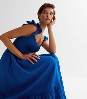 Bright Blue Shirred Frill Midi Dress