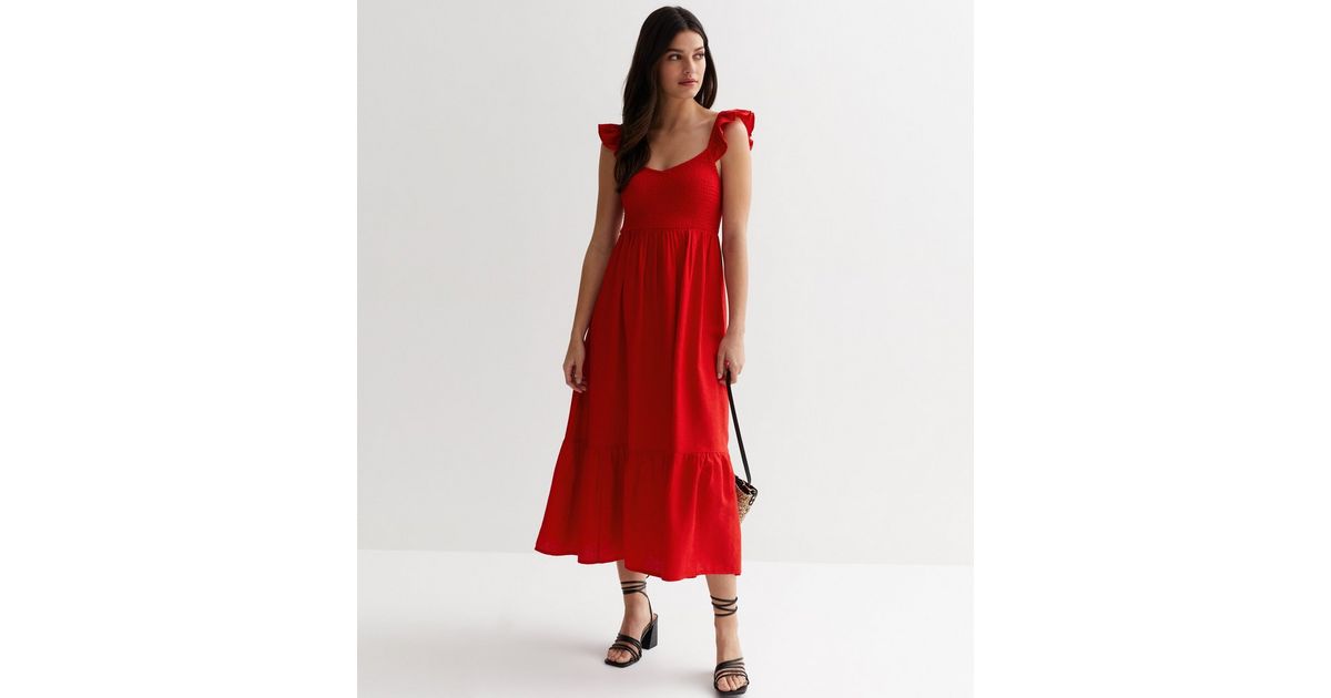 Honey Shirred Frill Midi Dress Red main image 0