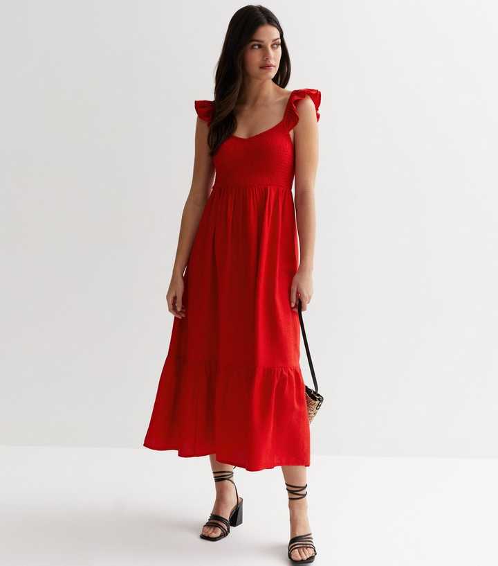 Red Shirred Frill Midi Dress