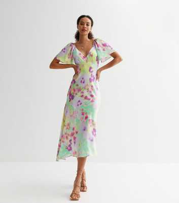 Tall Lilac Floral Satin Flutter Sleeve Midi Dress