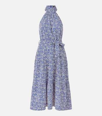 Mela Blue Ditsy Floral Halter Belted Midi Dress