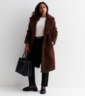 Petite Dark Brown Teddy Long Coat New Look