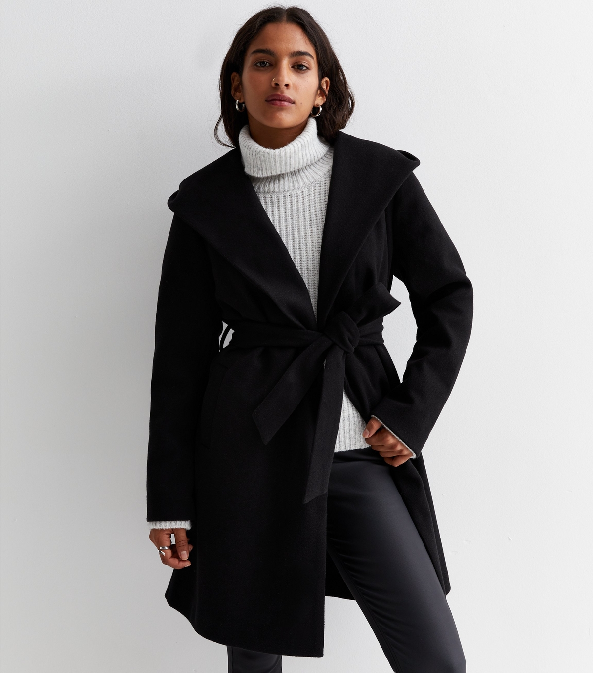 Women's Petite Black Unlined Hooded Belted Coat New Look