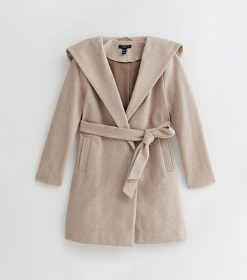 Petite Stone Unlined Hooded Belted Coat New Look