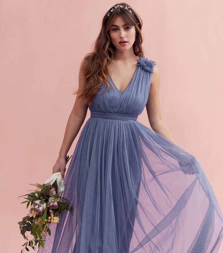 Maya Blue Mesh V Neck Sleeveless Ruffle Trim Maxi Dress | New Look