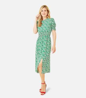 Mela Green Floral Shirred Puff Sleeve Midi Dress