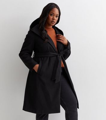 Curves Black Hooded Belted Coat New Look