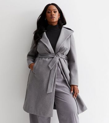 Curves Grey Hooded Belted Coat New Look