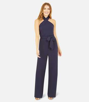 Mela Navy Halter Neck Belted Wide Leg Jumpsuit