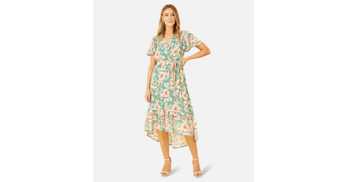 Mela Green Floral Belted Dip Hem Midi Wrap Dress New Look