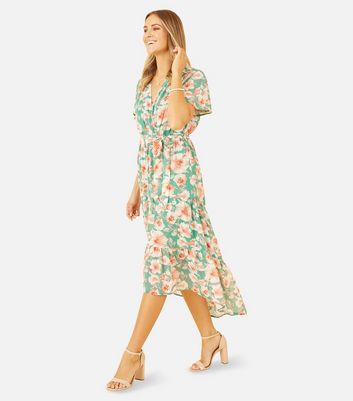 Mela Green Floral Belted Dip Hem Midi Wrap Dress New Look