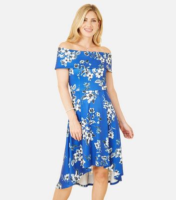 Mela Blue Floral Satin Bardot Dip Hem Midi Dress New Look
