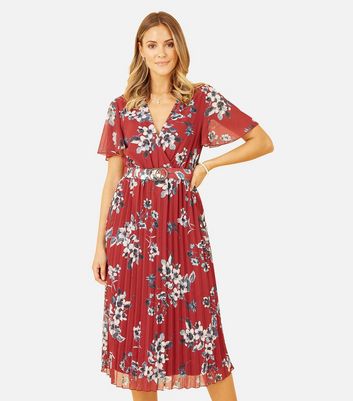 Mela Red Floral Short Flutter Sleeve Pleated Belted Midi Wrap Dress New Look