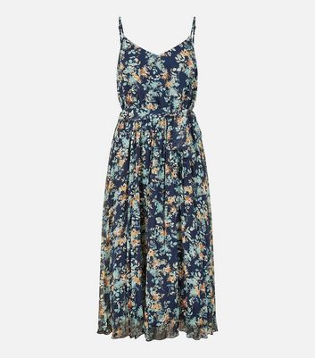 Mela Navy Floral Strappy Pleated Midi Dress New Look