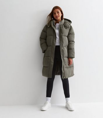 Girls Olive Hooded Long Puffer Coat New Look