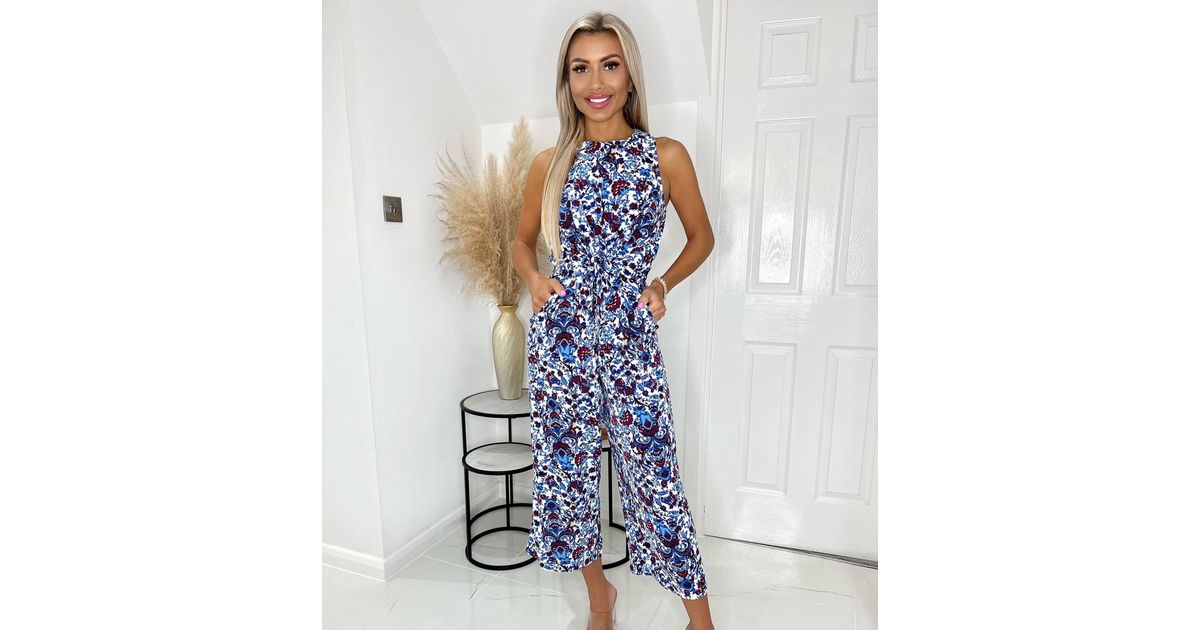 AX Paris Blue Floral Knot Front Wide Leg Jumpsuit New Look