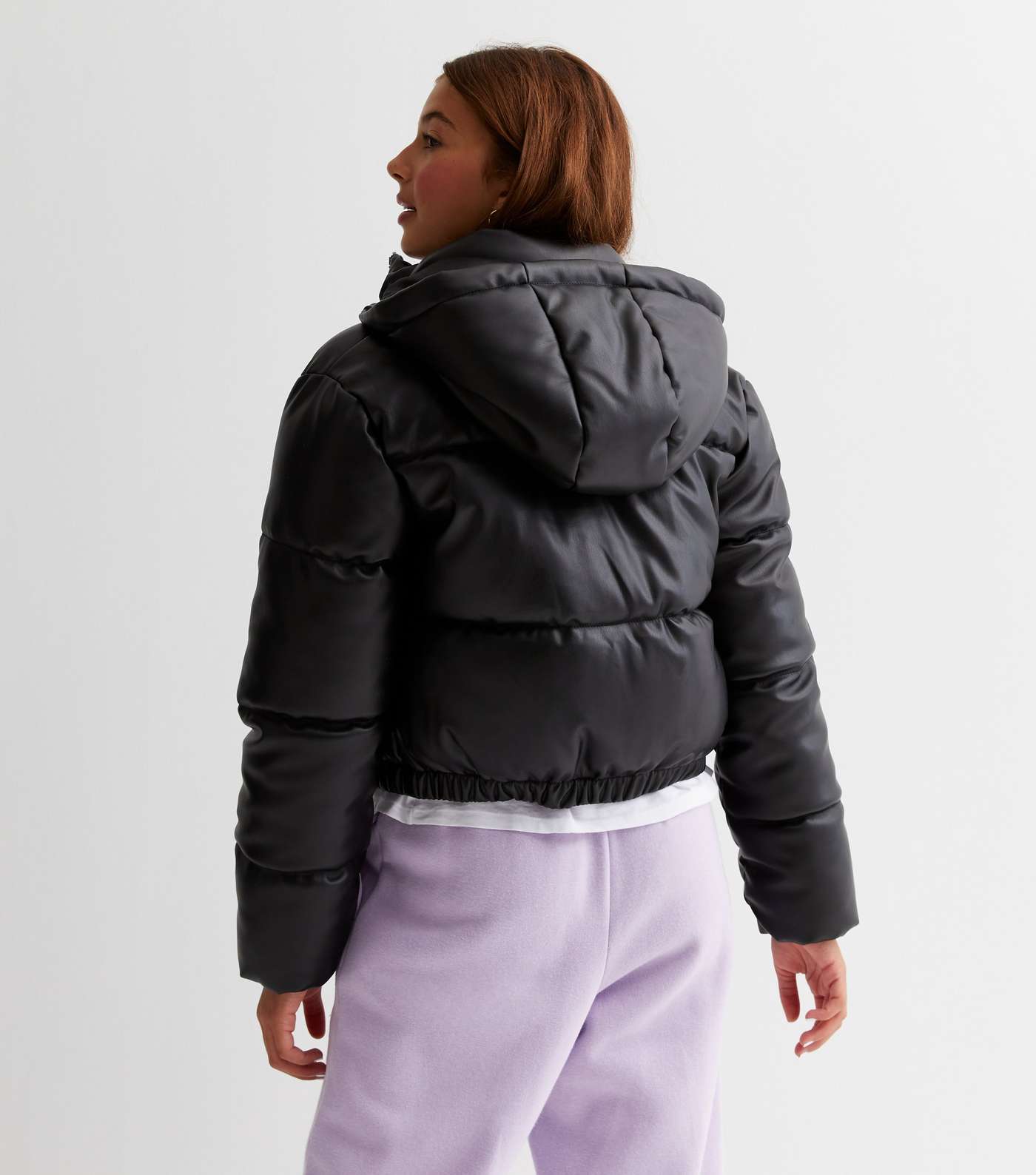 Girls Black Leather-Look Puffer Jacket Image 4