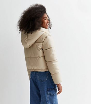 Puffer jacket with deals leather shoulders