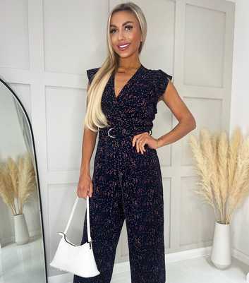 AX Paris Blue Speckled V Neck Cap Sleeve Belted Crop Leg Jumpsuit