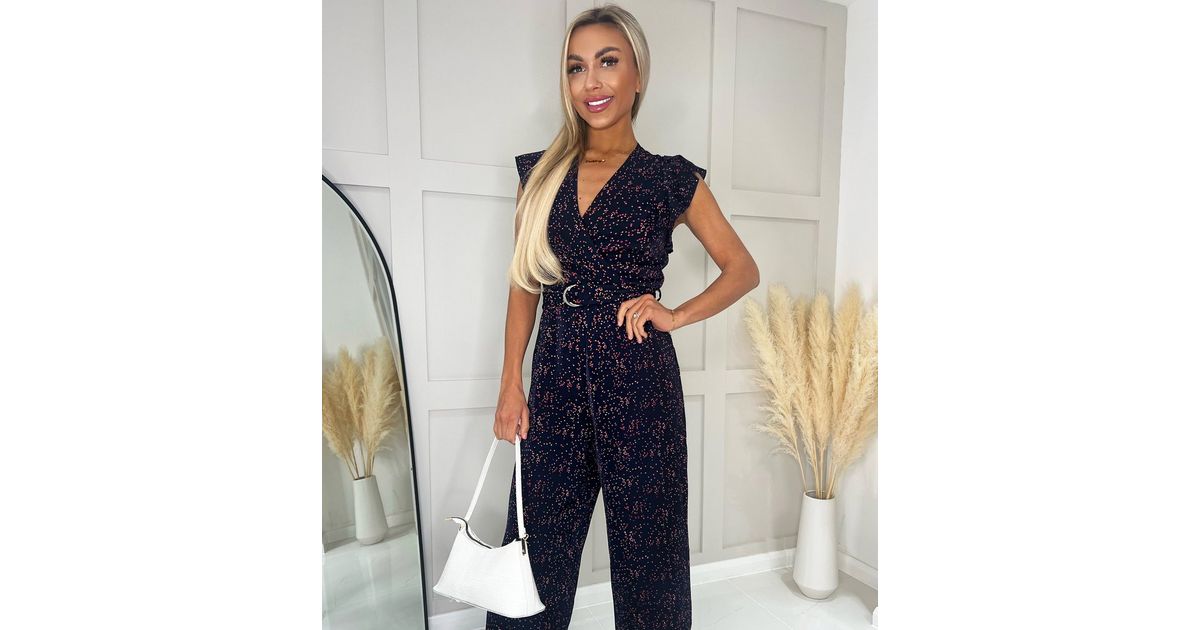 AX Paris Blue Speckled V Neck Cap Sleeve Belted Crop Leg Jumpsuit New Look