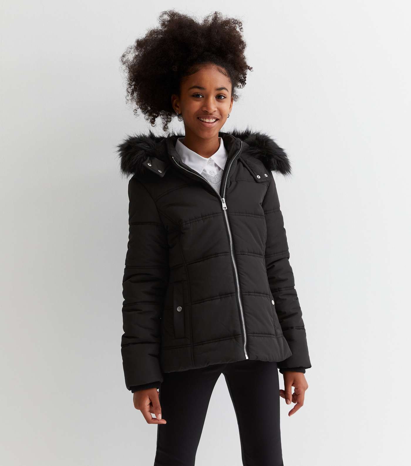 Girls Black Faux Fur Trim Hooded Puffer Jacket Image 2
