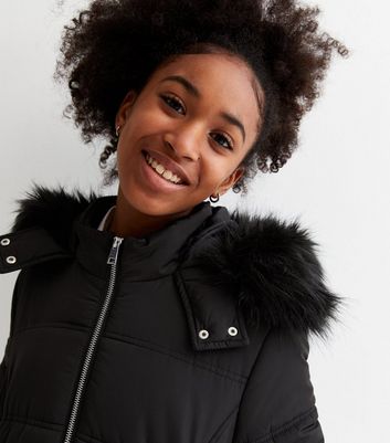 Girls Black Faux Fur Trim Hooded Puffer Jacket New Look