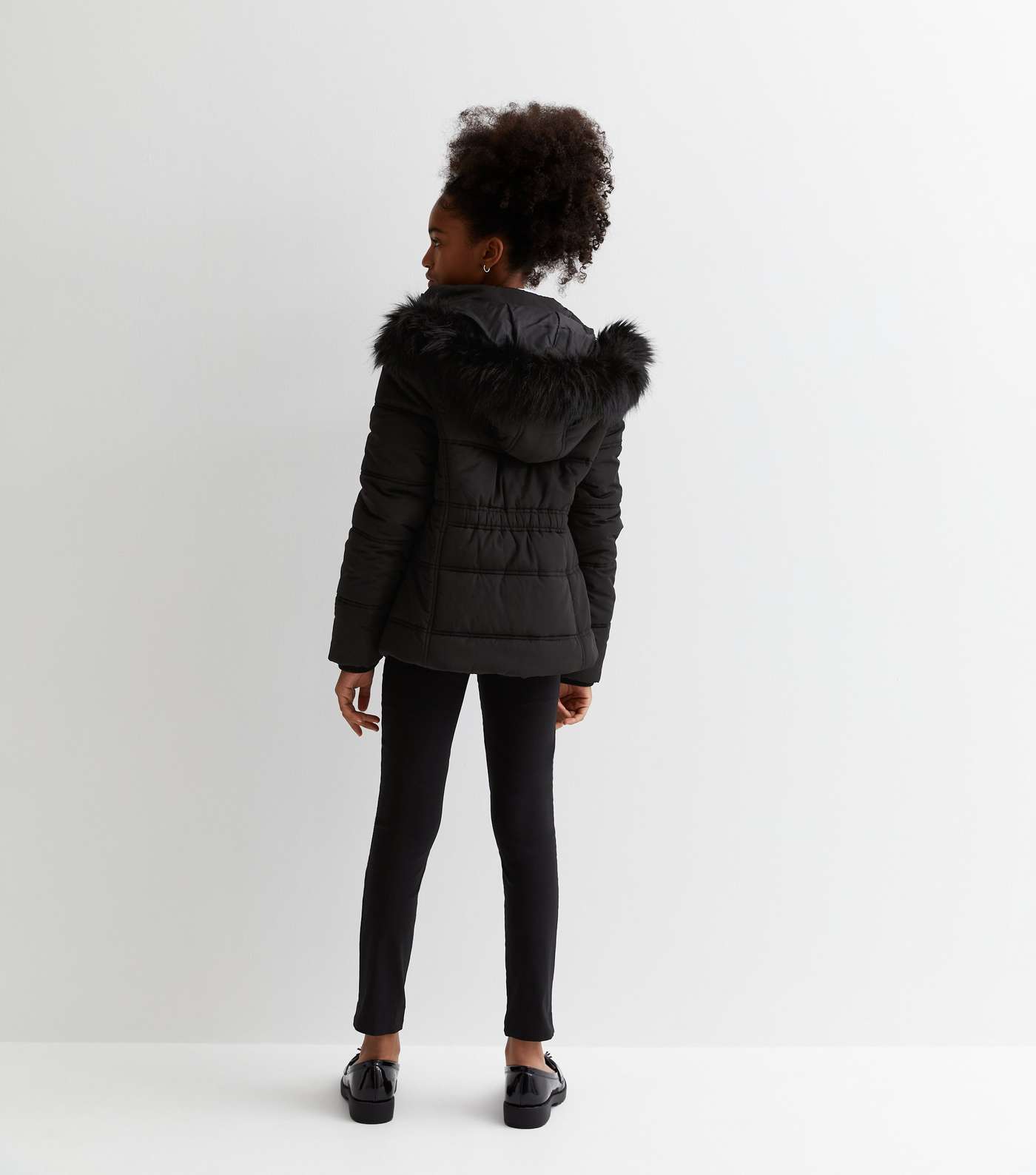 Girls Black Faux Fur Trim Hooded Puffer Jacket Image 4
