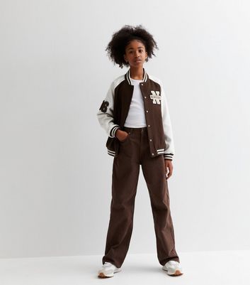 Girls Dark Brown New York Varsity Jacket New Look