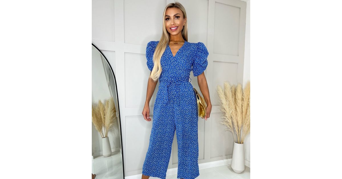 AX Paris Blue Spot Puff Sleeve Belted Jumpsuit New Look