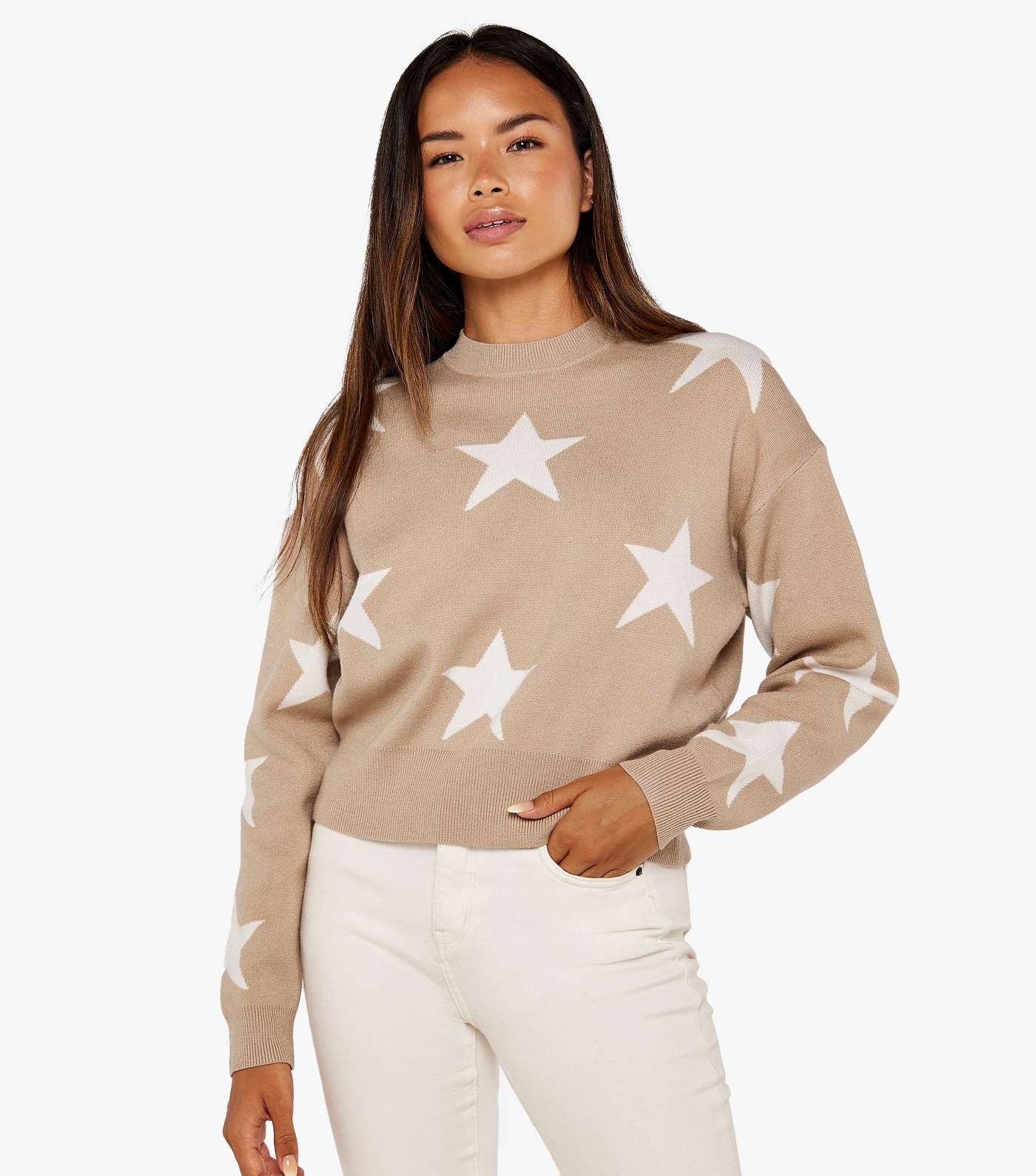 Apricot Stone Star Knit Crew Neck Long Sleeve Jumper Image 2