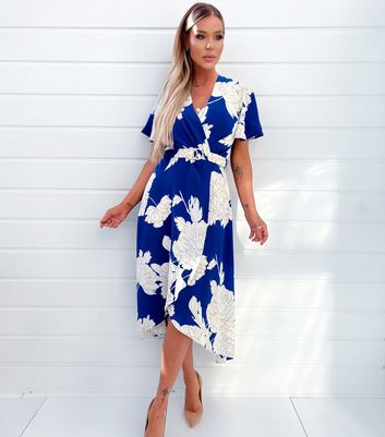 AX Paris Blue Floral Belted Midi Wrap Dress New Look