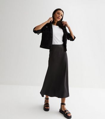 Gini London Black Satin High Waist Midi Skirt New Look