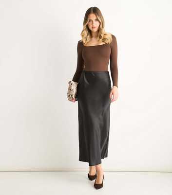 Gini London Black Satin High Waist Midi Skirt