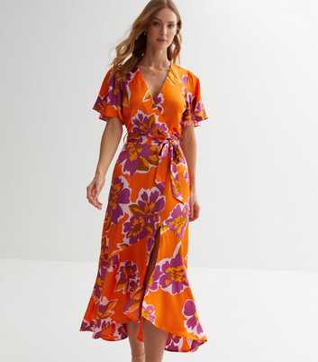 Gini London Orange Floral Belted Midi Wrap Dress