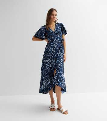Gini London Bright Blue Leopard Print Short Sleeve Midi Wrap Dress
