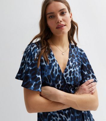 Gini London Bright Blue Leopard Print Short Sleeve Midi Wrap Dress New Look