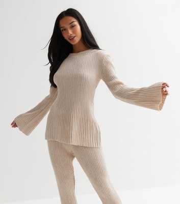 Petite Stone Ribbed Knit Long Flared Sleeve Top