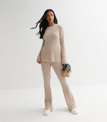 Petite Stone Ribbed Knit Long Flared Sleeve Top | New Look