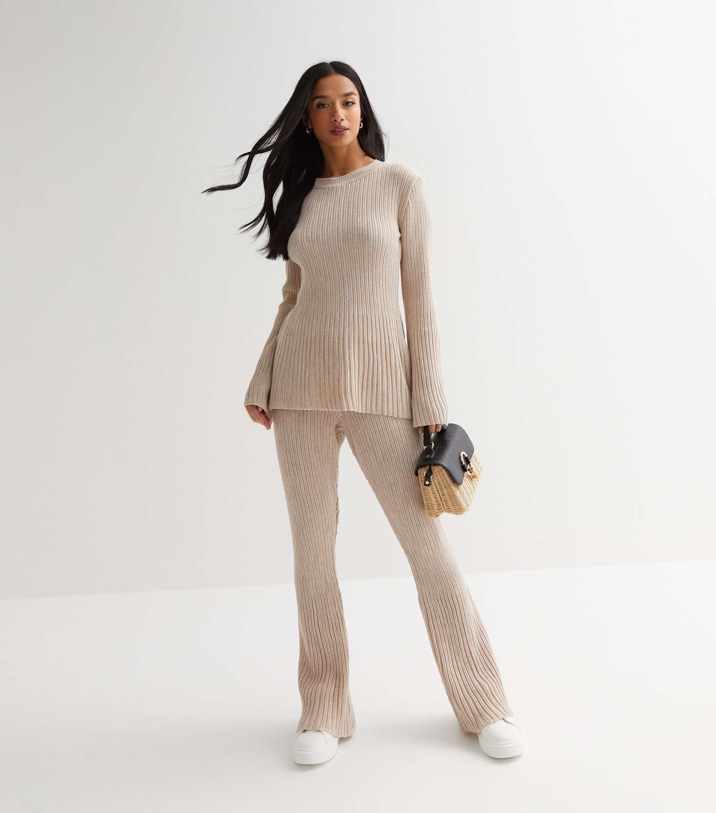 Petite Stone Ribbed Knit Long Flared Sleeve Top Image 2