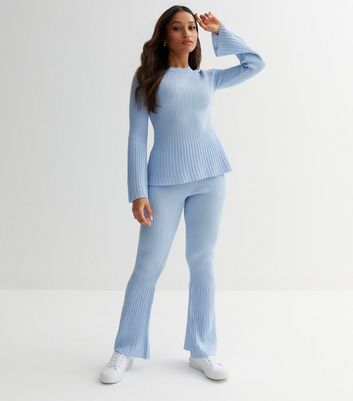 Petite Pale Blue Ribbed Knit Flared Sleeve Top | New Look