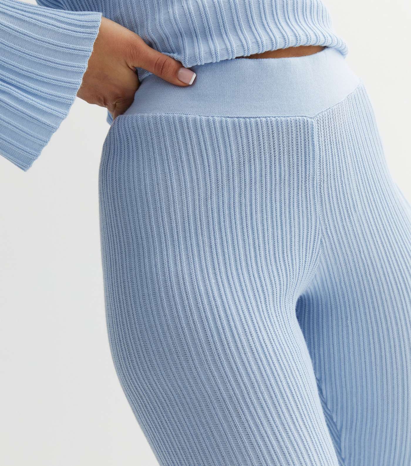 Petite Pale Blue Ribbed Knit Flared Trousers Image 3
