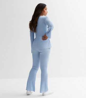Petite Pale Blue Ribbed Knit Flared Trousers