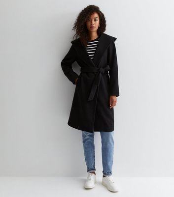 Tall Black Unlined Hooded Belted Coat New Look