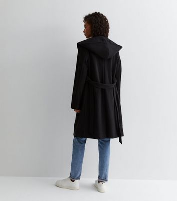 Tall Black Unlined Hooded Belted Coat New Look
